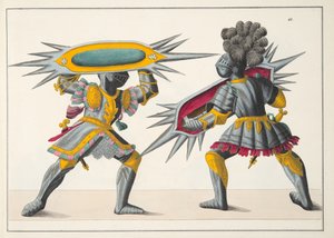 戦う2人の騎士、フランツコッテンカンプ博士による「騎士道の発展と習慣の歴史」のプレート、カールホフマン発行、1842年 作： Friedrich Martin von Reibisch