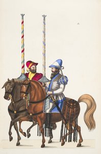 トーナメントの2人のライダー、「騎士道の発展と習慣の歴史」のプレート、フランツコッテンカンプ博士、カールホフマン発行、1842年