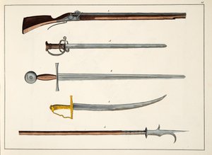 剣と槍を含む武器、1400年頃、「騎士道の発展と税関の歴史」のプレート、フランツコッテンカンプ博士、カールホフマン発行、1842年