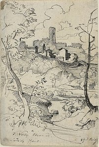 川のあるイタリアの町（レクト）；町の眺め（裏面） 作： Friedrich Nerly