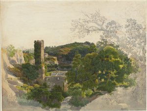 樹木が茂った丘の間の要塞化された塔の遺跡 作： Friedrich Salathé
