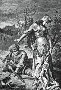 ジャンヌ ダルクとライオネルの決闘、オルレアンの乙女のイラスト、フリードリッヒ シラー (1759-1805) による悲劇、彫刻 作： Friedrich Schiller