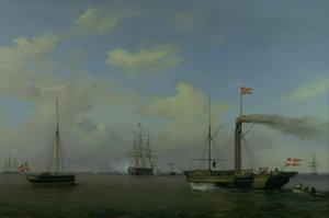 Warnemünde rhed に停泊中のデンマーク戦隊。 皇太子殿下と皇太子妃殿下が蒸気船「キール」で飛行隊に到着し、軍艦「クリスチャン8世」が敬礼を開始 作： Friedrich Theodore Kloss