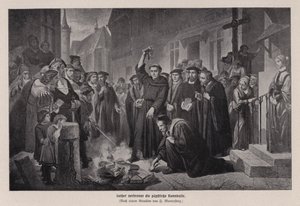 ドイツのヴィッテンベルクでローマ法王の雄牛を焼くマルティン・ルター 作： Friedrich Wilhelm Heinrich Martersteig