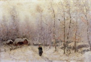 冬の風景の中で子供を持つ女性（キャンバスに油彩） 作： Frithjof Smith Hald