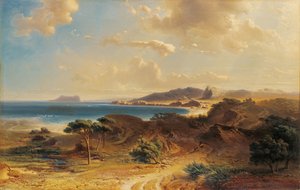 ジブラルタルの岩の景色を望むエステポナのビーチ 作： Fritz Bamberger