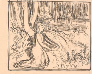 そこにそれがある！ 彼女は手を差し伸べて泣いた... 作： Fritz Syberg