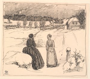 雪の中に黒いロングドレスを着た女性が座っていた... 作： Fritz Syberg