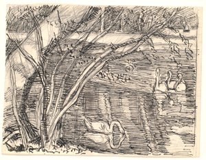 白鳥が4羽いる湖 作： Fritz Syberg