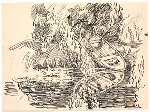 2 隻の手漕ぎボートがある森の湖 作： Fritz Syberg