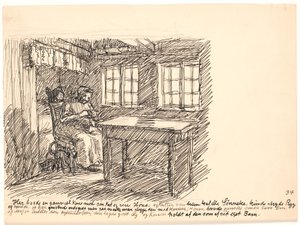 ここには、猫とめんどりを連れたおばあさんが住んでいました... 作： Fritz Syberg