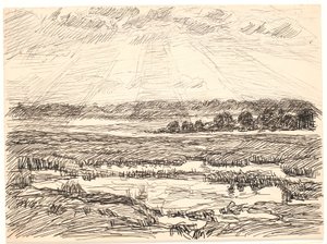 低い太陽と沼地の風景 作： Fritz Syberg