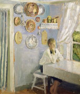 朝食のテーブルでのハラルド、1900年頃（パネルに油彩） 作： Fritz Thaulow