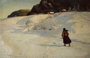 スキーヤーとの冬景色 作： Fritz Thaulow