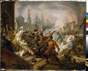 1773～1775年のロシア農民戦争（ヤイク・コサックのジャクソン）：1774年7月のカザンの戦い、エメリア・イワノビッチ・ポガチョフ（イエメリアまたはエミリエン・ポガチョフ）（1742～1775）の反乱の場面。 (1774 年 7 月のプガチョフのカザンの戦い。