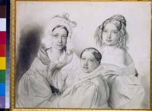伯爵夫人プラスコヴィア (1817-1835)、ナジェージダ (1822-1840)、マリア (1813-1849) の肖像、ロシア王子ピョートル・ヴィアゼムスキー (ピエール・ヴィアゼムスキー) (1792-1878) の娘 - フョードル (フィデリオ) ブルーニ作画 ( 1799年～1875年） 作： Fyodor Bruni