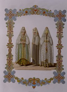 トルジョークの乙女のコスチュームシリーズからのロシアの服、1851 作： Fyodor Grigoryevich Solntsev