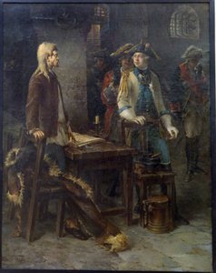 皇帝ピョートル 3 世は、1762 年にシュリッセリブルク要塞のイヴァン 6 世アントノヴィッチを訪ねる - フョードル イェメリャノヴィッチの絵画 作： Fyodor Jemelyanovich Burov