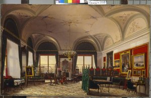 サンクトペテルブルクの冬宮殿にあるロシア大公女オルガ・ニコラエヴナ (1822-1895) の執務室。 (冬の宮殿でのロシアの大公妃オルガ・ニコラエヴナの習作)。 Fyodor Osipovich Yushkov (1819-1876) の絵画、キャンバスに油彩 作： Fyodor Osipovich Yushkov