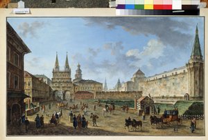 モスクワ、赤の広場の復活門の眺め。 フョードル・ヤコブレビッチ・アレクセーエフ (1753-1824) の絵画。 紙に水彩とグワッシュ、58.2 x 91.2 cm、1801年頃。ロシアの芸術、古典主義。 博物館 作： Fyodor Yakovlevich Alexeev