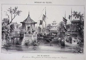 サンパンに乗った女性水兵が描かれた広東の風景（「The War in China」より 作： G.C. de Fortavion