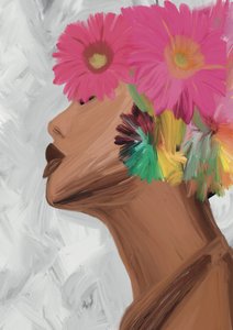 鮮やかな花を手にした女性 作： 