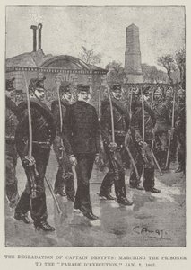 1895年1月5日、ドレイファス船長の退位、捕虜をパレード実行に行進させる 作： G.S. Amato
