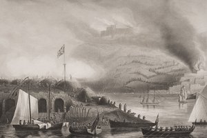 1813年8月31日のサンセバスチアンの嵐、イラストの「海と陸によるイングランドの戦い」。ウィリアムズ大佐（彫刻） 作： G.W. Terry