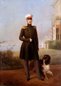 ペーターホフでのロシア皇帝ニコライ1世（1796-1855）の足元の肖像 ゲオルク・ボトマン（19世紀）の絵画。19世紀サンクトペテルブルクペーターホフ城 作： G. Botmann