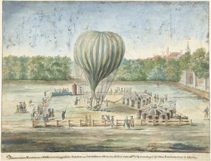 1785 年のハーグでのブランチャードの気球の打ち上げ 作： G. Carbentus (signed by artist)