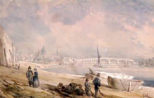 干潮時のテムズ川とブラックフライアーズ橋、ロンドン、1847 年 作： G Chaumont