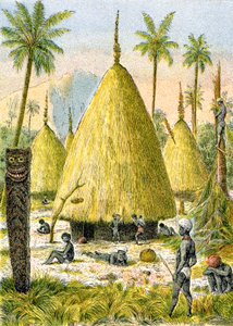 ニューカレドニアのカナケ村、1900-1910年頃（イラスト） 作： G. Dascher