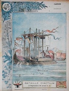 紀元前31年9月2日のアクティウムの戦いを描いた学校の練習帳の表紙、1900年頃（カラーリトグラフ） 作： G. Dascher