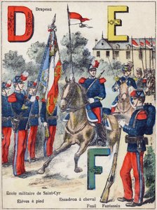 Letters D E F: Flag, Military School of Saint-Cyr (Saint Cyr), Eleves on foot, Horse Squadron, Rifle and Fantassin, c.1900 (lithograph) 作： G. Dascher