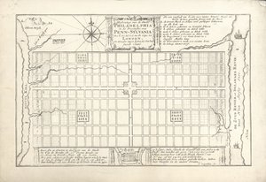 1682年、1684年にウィリアムペンとトーマスホルムによって考案されたフィラデルフィアの最初の計画 作： G. Drogenham