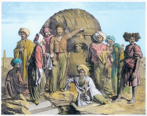 1819年、エジプトの砂漠で巨大な頭を測定する考古学者ベルナルディーノ・ドロヴェッティ 作： G Engelmann