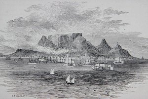 南アフリカ・テーブルベイから見たケープタウン（1880年頃発行のトーマス・ミルナー牧師の「The Gallery of Geography」より）（彫刻 作： G. F. (after) Sargent