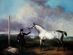 コース上でグレーの競走馬を抱える紳士（油彩・キャンバス） 作： G. Jackson