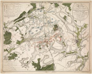 カールト ヴァン デ スラグ ビジ ウォータールー、1815 年 ウォータールーの戦い / Belle-Allianceと呼ばれるウォータールーの戦場の計画。 1815 年 6 月 18 日に連合軍が勝利した記憶に残る勝利 (...) (オブジェクトの称号) 作： G. Jacowick