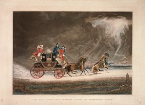 1827年、サフォーク州ニューマーケット・ヒースの雷雨の中の郵便馬車。 作： G Reeves