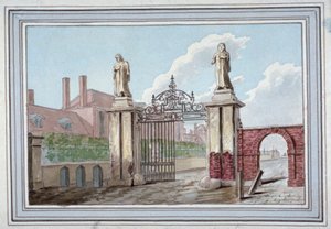 ピットフィールド ストリート、ショーディッチ、ロンドン、c1830 にある小間物屋の救貧院への入り口