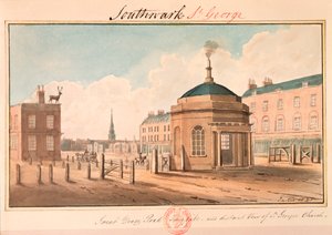 「グレート ドーバー ロード ターンパイクと聖ジョージ教会の遠景」、サザーク、ロンドン、1825 年