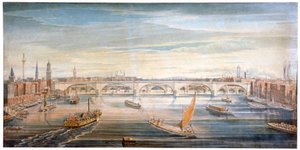 1831年、テムズ川にボートやはしけがある、西から見た新しいロンドン橋。 作： G Yates