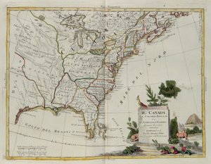 カナダ、ルイジアナ州とフロリダ州のイギリス植民地、G。ズリアーニによる彫刻。1778年にヴェネツィアでアントニオザッタによって公開された最新のアトラスのトメIから採録された、プライベートコレクション 作： G. Zuliani