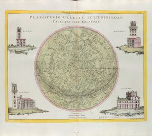 赤道でカットされた北天天球星座の宇宙図表。アントニオザッタによって1777年にヴェネツィアで出版された最新のアトラスのトメIから取られたG.ズリアーニの彫刻 作： G. Zuliani