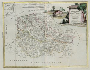 フランスのフランダース、アルトワ、ピカルディ、ブローノワのガバナンス、G。ズリアーニによる彫刻。1776年にヴェネツィアで出版されたアントニオザッタによって公開された最新のアトラスのトメIから、プライベートコレクション 作： G. Zuliani