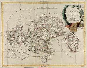 アントニオ・ザッタが1782年にヴェネツィアで出版した「最新アトラス」の第2巻から抜粋したG.ズリアーニのエングレーヴィングによるヴェネト州の州ごとの土地面積、個人蔵 作： G. Zuliani