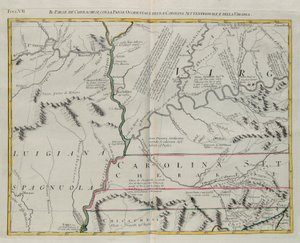 アントニオ・ザッタが1778年にヴェネツィアで出版した「最新アトラス」の第1巻から抜粋したG.ズリアーニの版画「チェロキーの地とノースカロライナとヴァージニアの西部」、個人蔵 作： G. Zuliani