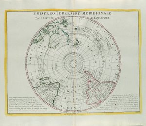 地球の南半球が赤道でカットされ、アントニオザッタによって1779年にヴェネツィアで公開された最新のアトラスのトメIから取られたG.ズリアーニの彫刻 作： G. Zuliani