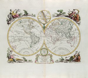 世界地図と地球の概要、G。ズリアーニによる彫刻。1774年にアントニオザッタによってヴェネツィアで出版された最新のアトラスのトメIから取った。